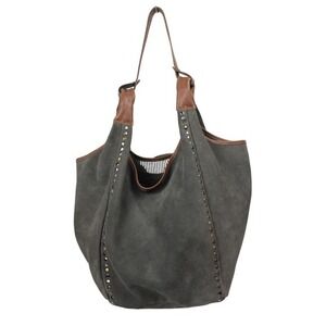 Old Trend Rose Valley Hobo Bag Gray Suede Leather Studded Oversized Slouchy